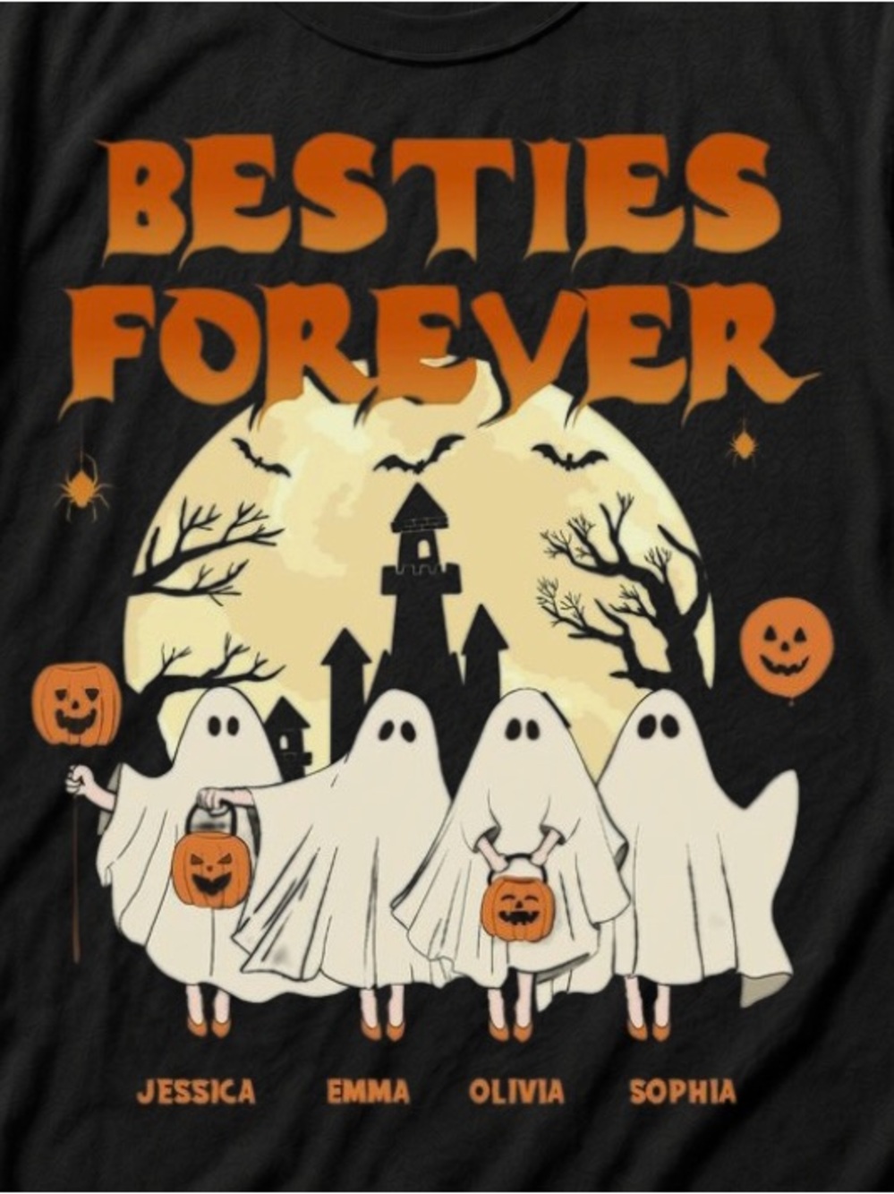 Gildan Black "Besties Forever" Halloween Ghosts T‑Shirt with Orange Graphics - Picture 3 of 3